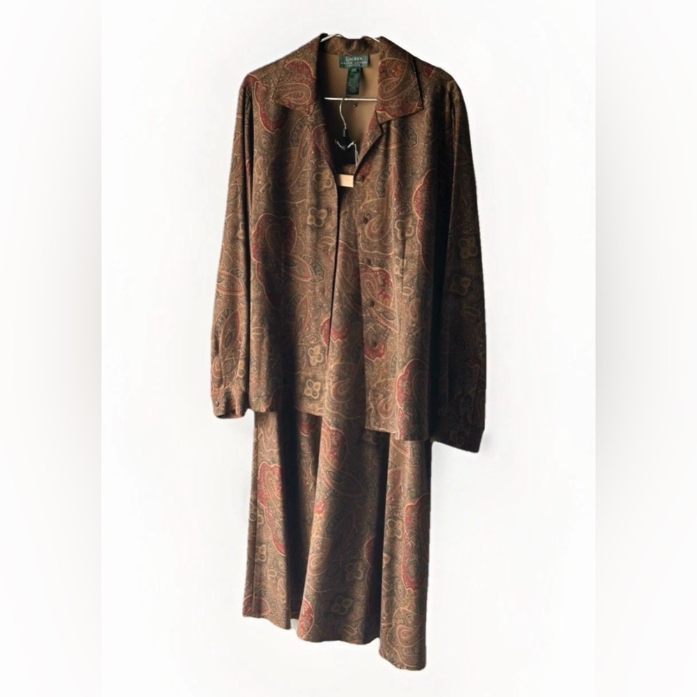 Vintage Ralph Lauren 100% Silk Paisley Shirt & Skirt Set, Brown/Red, Size 12P
